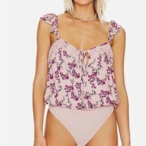 NWT Free People Pink and Purple Ruffled Bodysuit with Tie Front